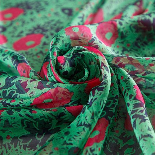 Шифон шелковый 068-12255 зеленый принтованный