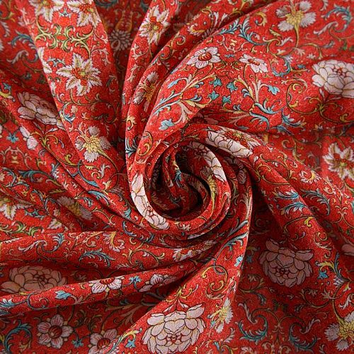 Шифон шелковый 068-12316 кораллово-красный принтованный