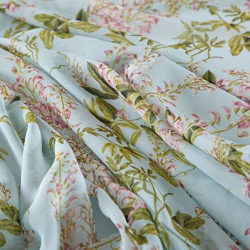 Шифон шелковый 068-19105 разбеленный голубой принтованный