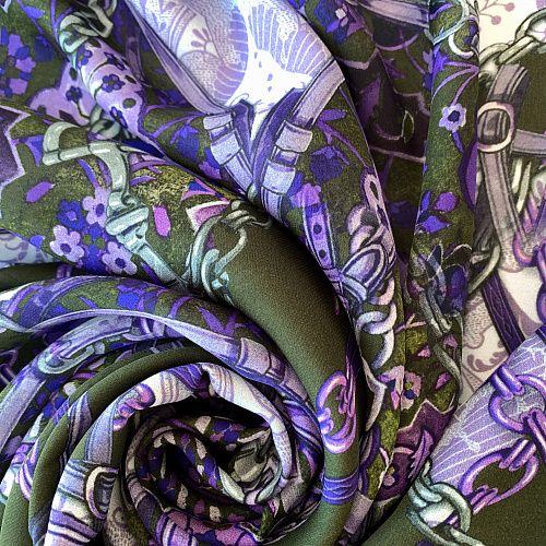 Крепдешин натуральный К32-231 болотно-зеленый принтованный