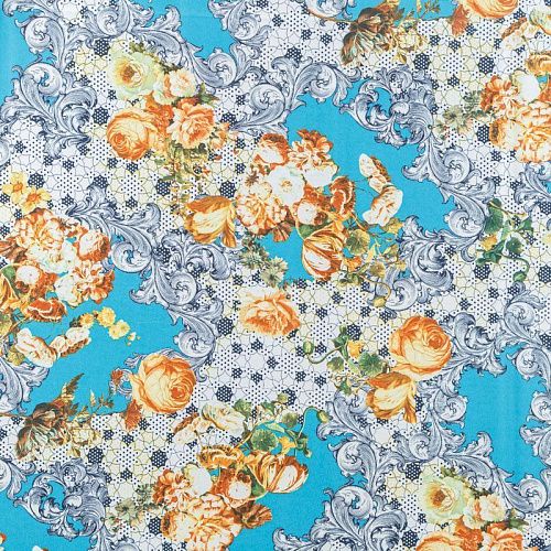 Креп-шифон К07-439 голубой принтованный