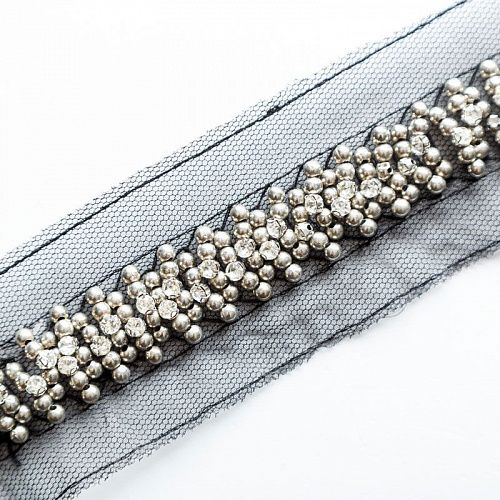 Тесьма декоративная 50 мм с бисером и стразами PA0418 черный